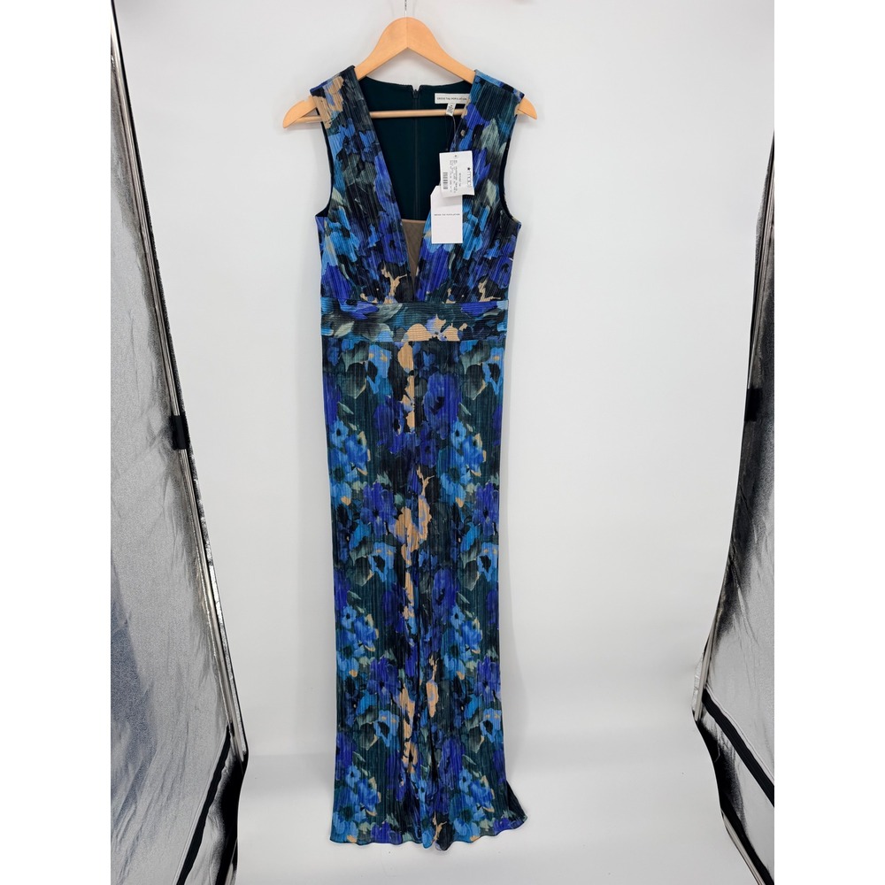 Dress The Population Jumpsuit M Blue Floral Pleated V-Neck Wedding Guest Elegant